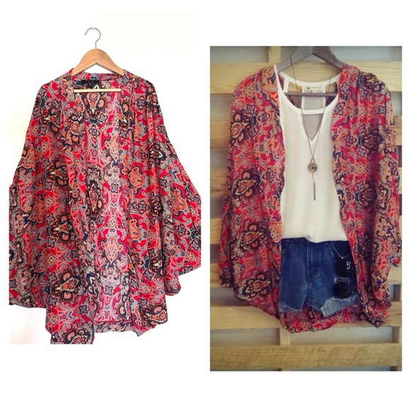 Honey Punch Mixed Print Bohemian Kimono Red and Blue Large Lightning - Picture 1 of 7